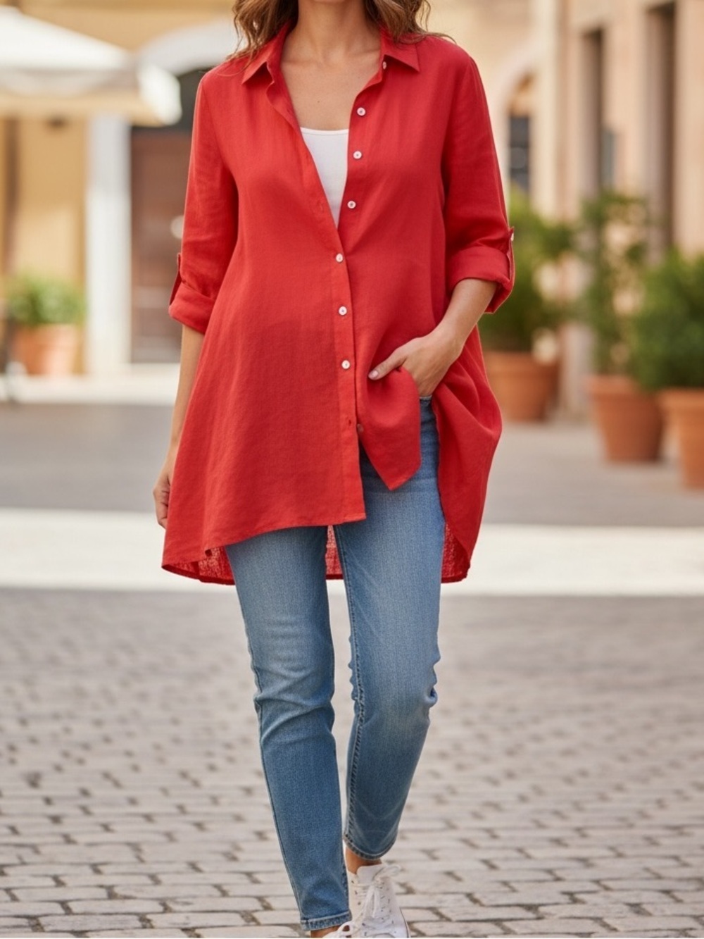 Vintage Women's Scarlet Red Button-Front 100 Linen Tunic Shirt